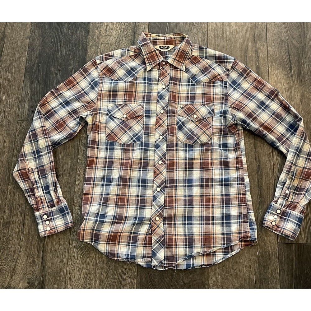 Salt Valley Western Shirt Mens Medium Brown Plaid Snap Button Cotton Cowboy
